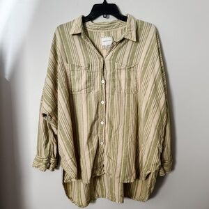 Women’s Aerie Oversized Green and Khaki Striped Button Up Rolled Sleeve Blouse